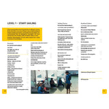 The Royal Yachting Association's RYA National Sailing Scheme Syllabus and Logbook includes checklists for theory and practical skills, a yellow-highlighted course summary, a dinghy training photo, and detailed syllabus info on pages 10–11.