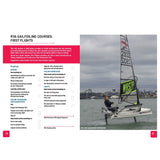 A person sails a WASZP foiling dinghy near a city shoreline. The left side of the image displays the Royal Yachting Association's RYA National Sailing Scheme Syllabus and Logbook information page.