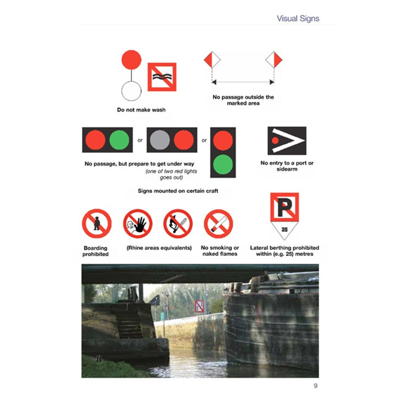 A page showing maritime visual signs from European inland waterways, such as "Do not make wash" and "No passage." Ideal for CEVNI test prep or learning with the Royal Yachting Association’s RYA European Waterways Regulations.