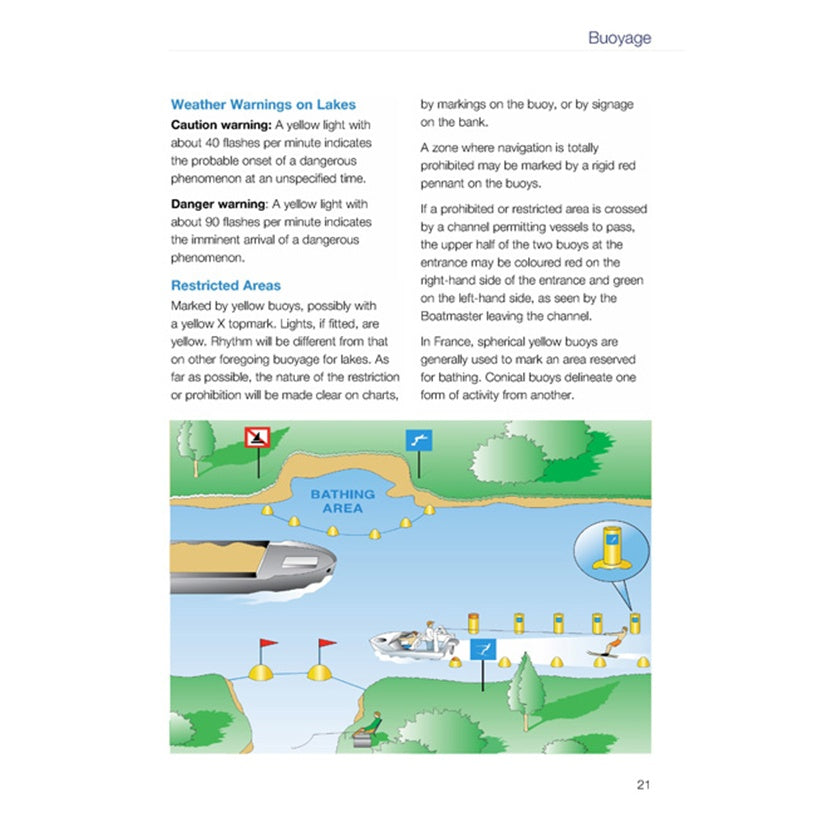 The Royal Yachting Association's RYA European Waterways Regulations guide covers inland waterways buoyage, weather warnings, restricted areas, and features illustrations—ideal for CEVNI test preparation.