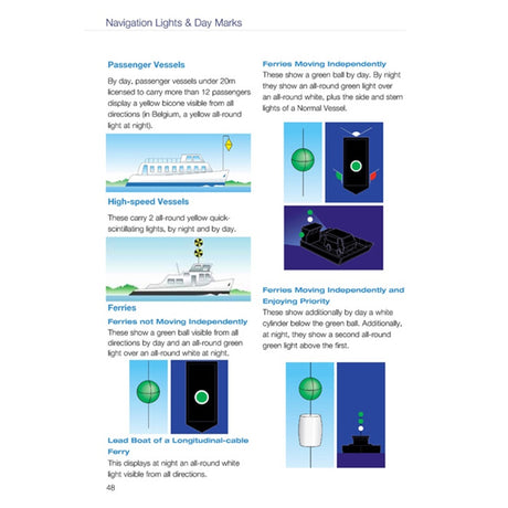 A handy guide from the Royal Yachting Association, "RYA European Waterways Regulations," features color-coded illustrations and explanations of navigation lights and day marks—ideal for CEVNI test prep and safe European inland waterway navigation.