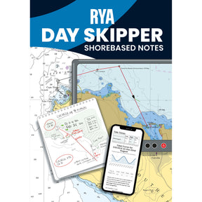 The Royal Yachting Association’s "RYA Day Skipper Shorebased Notes" cover shows nautical charts, navigation notes, a tide times app, and a tablet with a marine course—perfect for developing seamanship skills.
