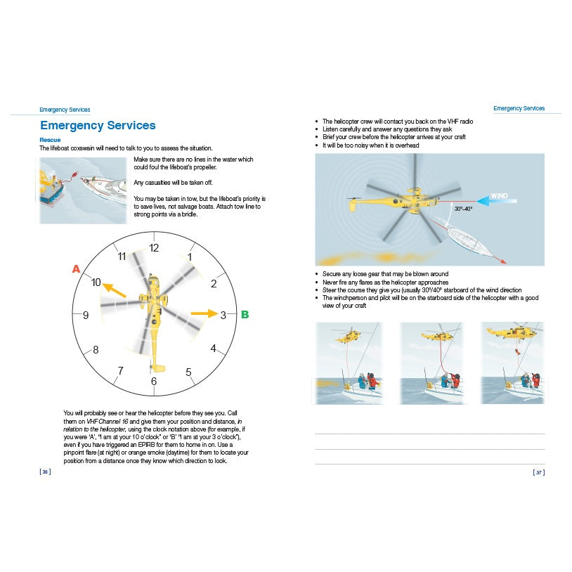 The Royal Yachting Association’s RYA Day Skipper Shorebased Notes include diagrams on signaling rescue helicopters with clock-face arm positions, plus seamanship tips, navigation advice, and safety guidance based on official training.