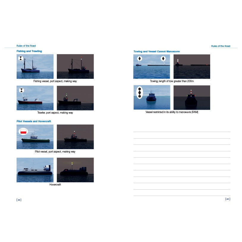 A page from the Royal Yachting Association’s RYA Day Skipper Shorebased Notes displays labeled ship photos for "Fishing and Trawling," "Pilot Vessels and Hovercraft," and "Towing and Vessel Cannot Manoeuvre" with navigation lights and seamanship notes.