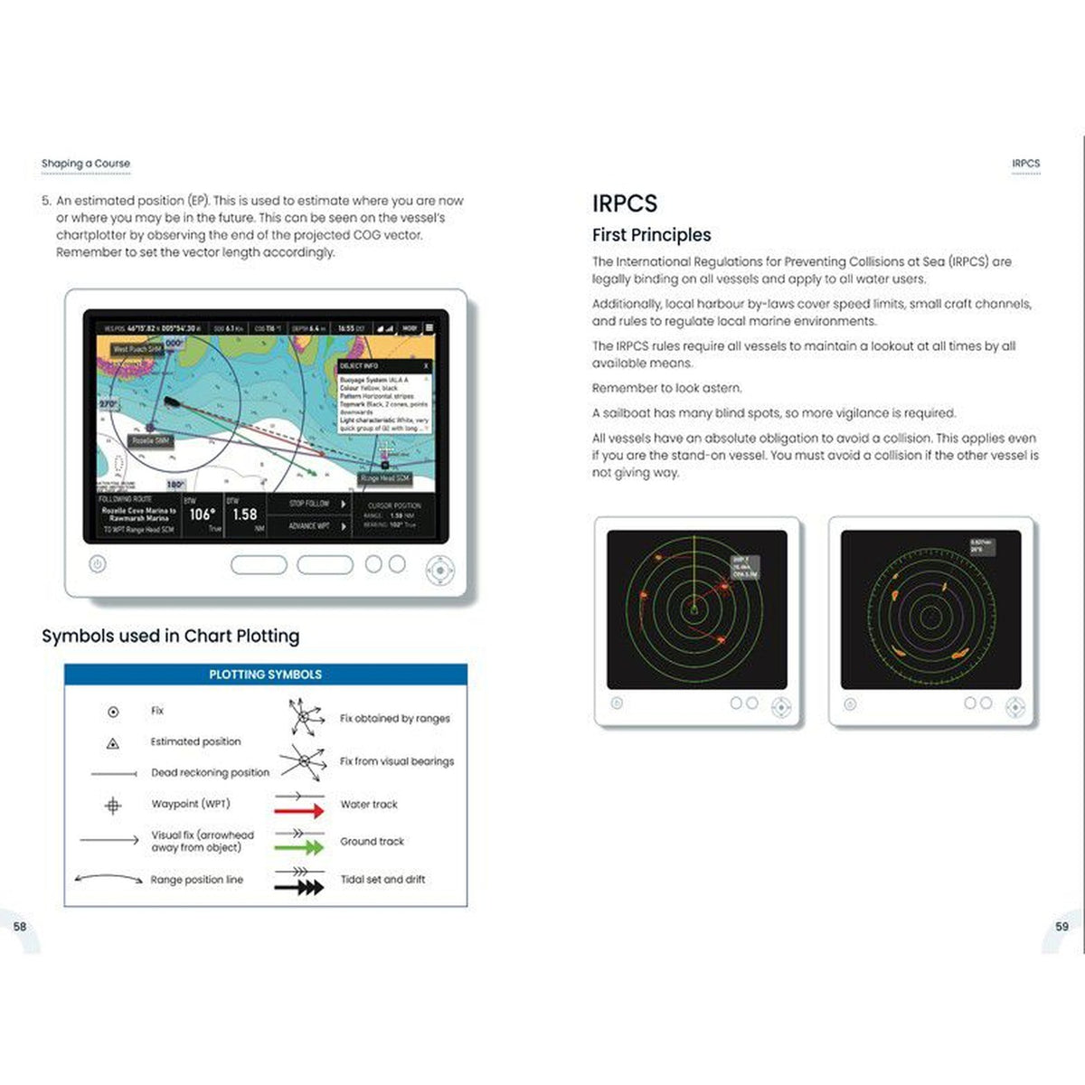 Spread from the RYA Day Skipper Practical Course Notes 2026 edition showing chartplotter estimated position, chart plotting symbols and IRPCS first principles with radar displays