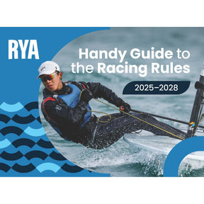 A sailor leans from a small sailboat as "RYA Handy Guide to the Racing Rules 2025-2028" by Royal Yachting Association appears in text. Blue waves accent the left, emphasizing this handy pocket guide for racing sailors.