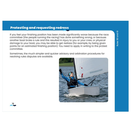 A sailor signals on the water in this image from the Royal Yachting Association’s "RYA Handy Guide to the Racing Rules 2025-2028," which explains protest and redress procedures in sailing competitions.