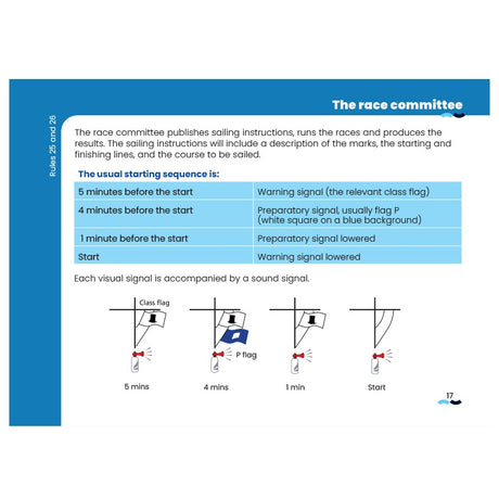 The RYA Handy Guide to the Racing Rules 2025-2028 by the Royal Yachting Association features clear sailing instructions, timing sequences, signals, and flag symbols with illustrations as per the Racing Rules of Sailing.