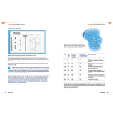 Two pages from RYA Tactics by the Royal Yachting Association include a wind shift graph, a wind angle chart, and a Torbay map, giving insights into sailing strategy and racing rules with key tips highlighted in blue text.