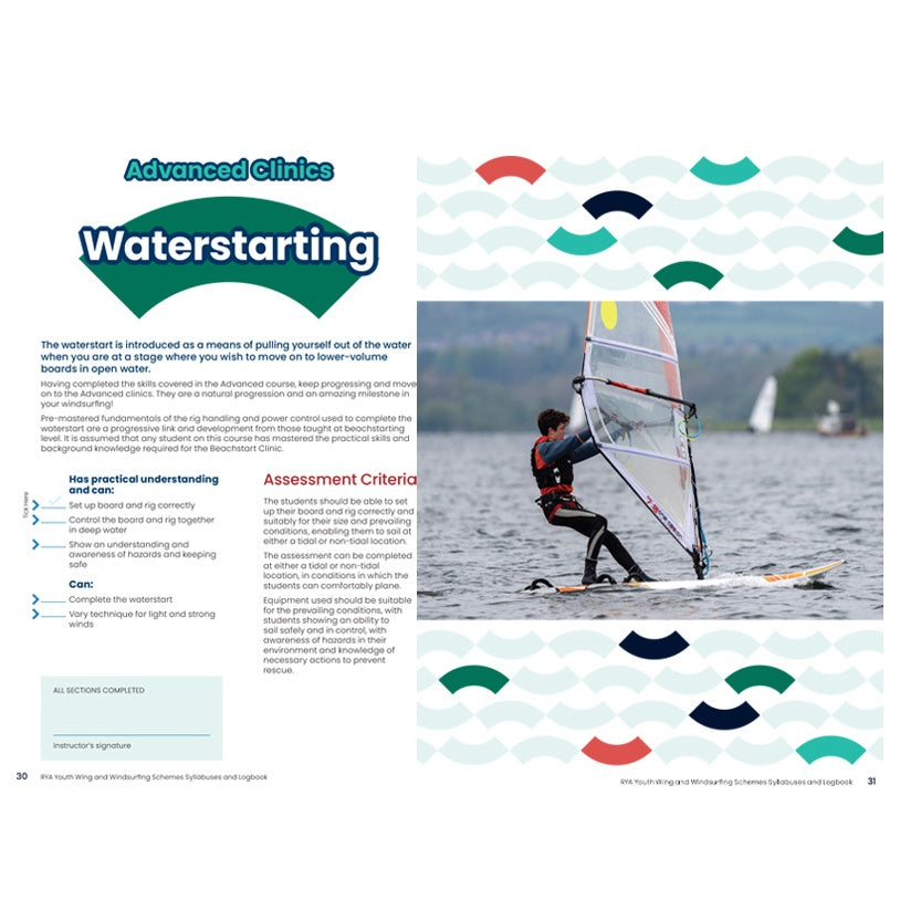 A person windsurfing on a lake, with colorful waves and text about Waterstarting, features the RYA Youth Wing and Windsurfing Schemes by the Royal Yachting Association highlighted at the top and in the background.