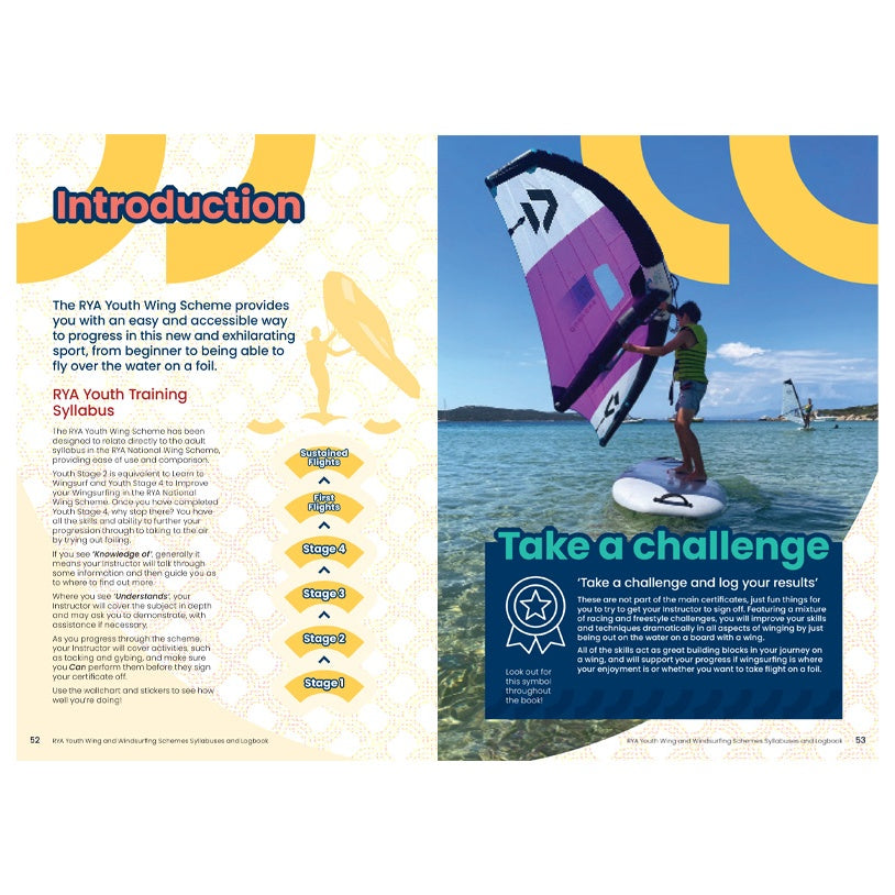 Two magazine pages: left highlights "RYA Youth Wing and Windsurfing Schemes" by the Royal Yachting Association with yellow titles; right features a person wingfoiling under "Take a challenge," promoting the exciting RYA On Board scheme.