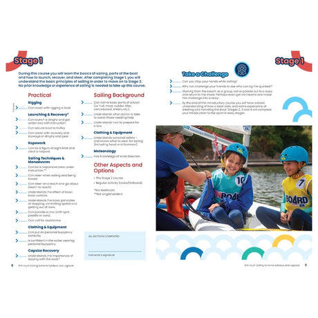 The Royal Yachting Association's RYA Youth Sailing Scheme Syllabus and Logbook features Stage 1 topics—such as rigging and launching—plus an image of two kids in life jackets smiling with their instructor on a sailboat.