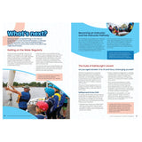 A magazine spread from the Royal Yachting Association features the RYA Youth Sailing Scheme Syllabus and Logbook, showing young people learning by a sailboat and inset photos of paddleboarding activities.