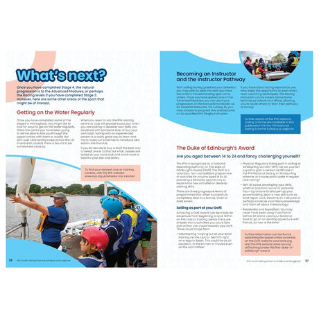 A magazine spread from the Royal Yachting Association features the RYA Youth Sailing Scheme Syllabus and Logbook, showing young people learning by a sailboat and inset photos of paddleboarding activities.