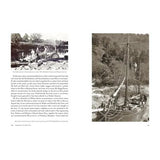 Two pages from "Barging up the Wye" (Logaston Press): left—people by the riverside near a millstone and old bridge, evoking River Wye history; right—a sepia photo of a sailboat with people working onboard.