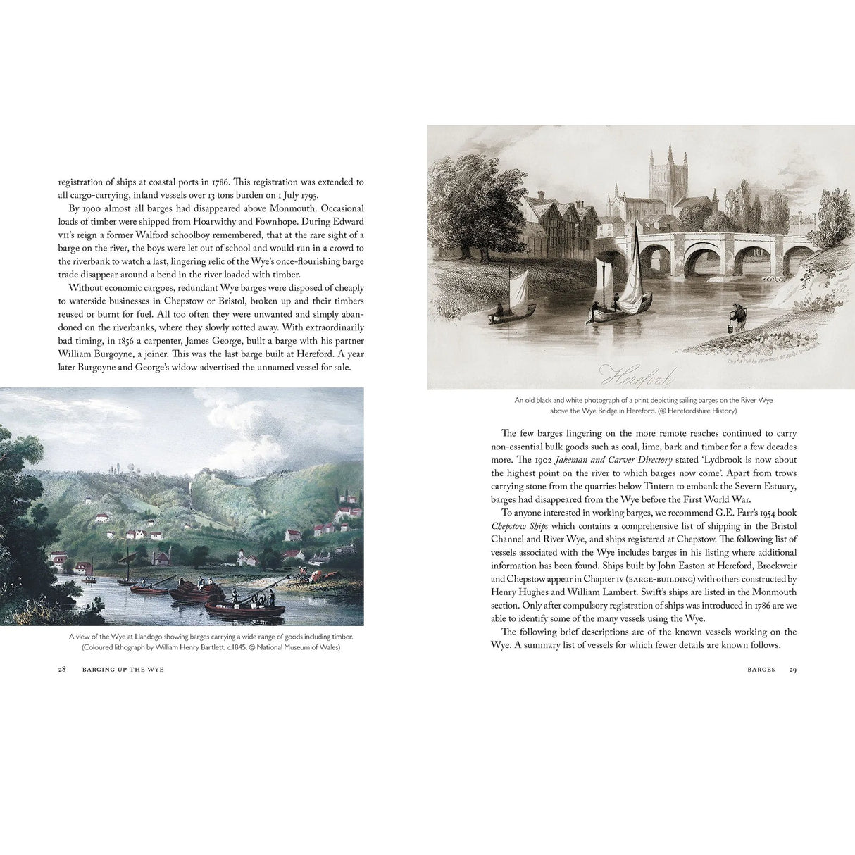 A book spread from "Barging up the Wye" by Logaston Press shows text and two black-and-white illustrations of riverside towns with bridges, historic buildings, and trees, with captions about pleasure boating along the scenic River Wye.