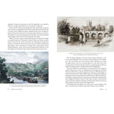 A book spread from "Barging up the Wye" by Logaston Press shows text and two black-and-white illustrations of riverside towns with bridges, historic buildings, and trees, with captions about pleasure boating along the scenic River Wye.