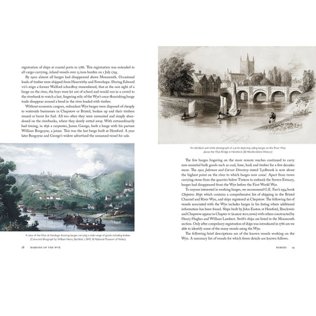 A book spread from "Barging up the Wye" by Logaston Press shows text and two black-and-white illustrations of riverside towns with bridges, historic buildings, and trees, with captions about pleasure boating along the scenic River Wye.
