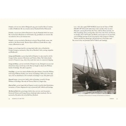 Two pages from "Barging up the Wye" by Logaston Press show text and a black-and-white photo of an old sailing ship on a beach with a person nearby, evoking River Wye history and barge traffic amid hills and sparse vegetation.