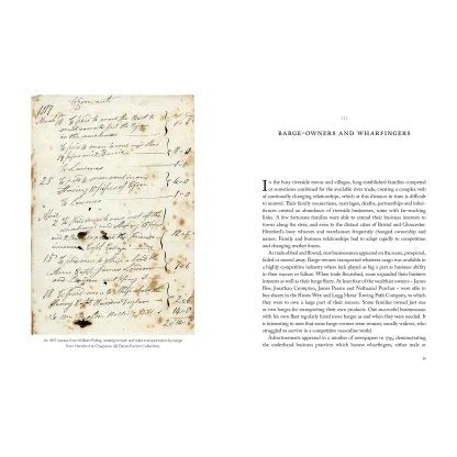 On the left is a scanned handwritten page; on the right, "Barging up the Wye" by Logaston Press presents printed details about barge traffic and River Wye history in a classic book format.