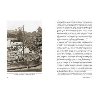 The left page of "Barging up the Wye" by Logaston Press shows a black-and-white photo of an old wooden boat at the shore with trees and a house; the right page presents text on River Wye history and early barge traffic.