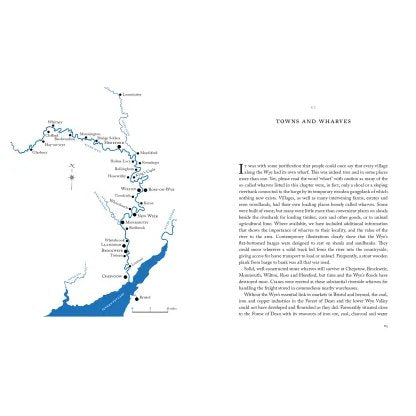 Barging up the Wye" by Logaston Press features a left-page map of the River Wye with historic towns and barge traffic, while the right page introduces "TOWNS AND WHARVES" with descriptive text tracing key river locations.