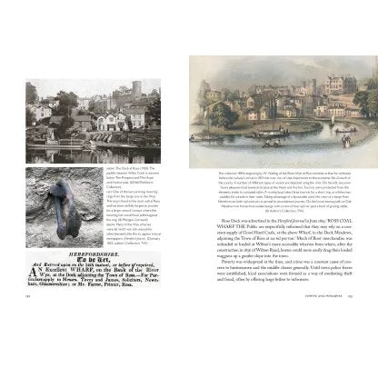 Two pages from "Barging up the Wye" by Logaston Press show text and three images—a riverside town, a metal boot sculpture, and an old advert. The right page has an illustration depicting the River Wye’s history and past barge traffic.