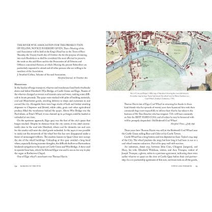 In "Barging up the Wye" by Logaston Press, two pages show text about River Wye history—including pleasure boating and past barge traffic—on the left, with a colorful historical map of the river and its surroundings on the upper right.