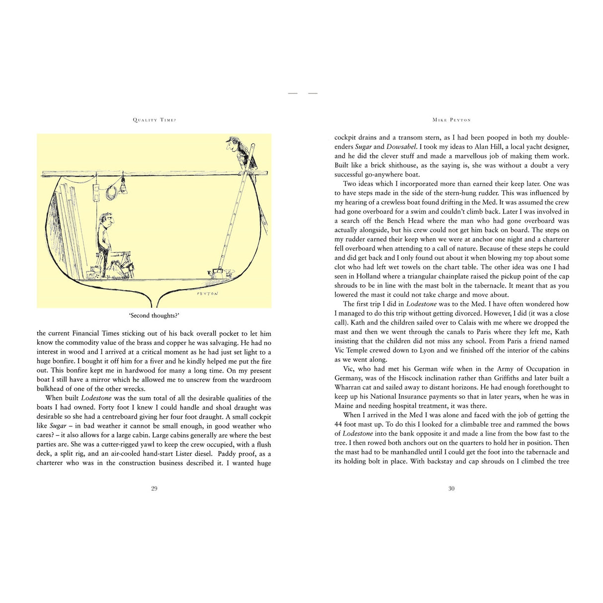 Fernhurst Books’ "Quality Time?" features a black and white illustration by yachting cartoonist Mike Peyton of someone fishing from a boat with gear and lantern; the caption reads "Second thoughts.