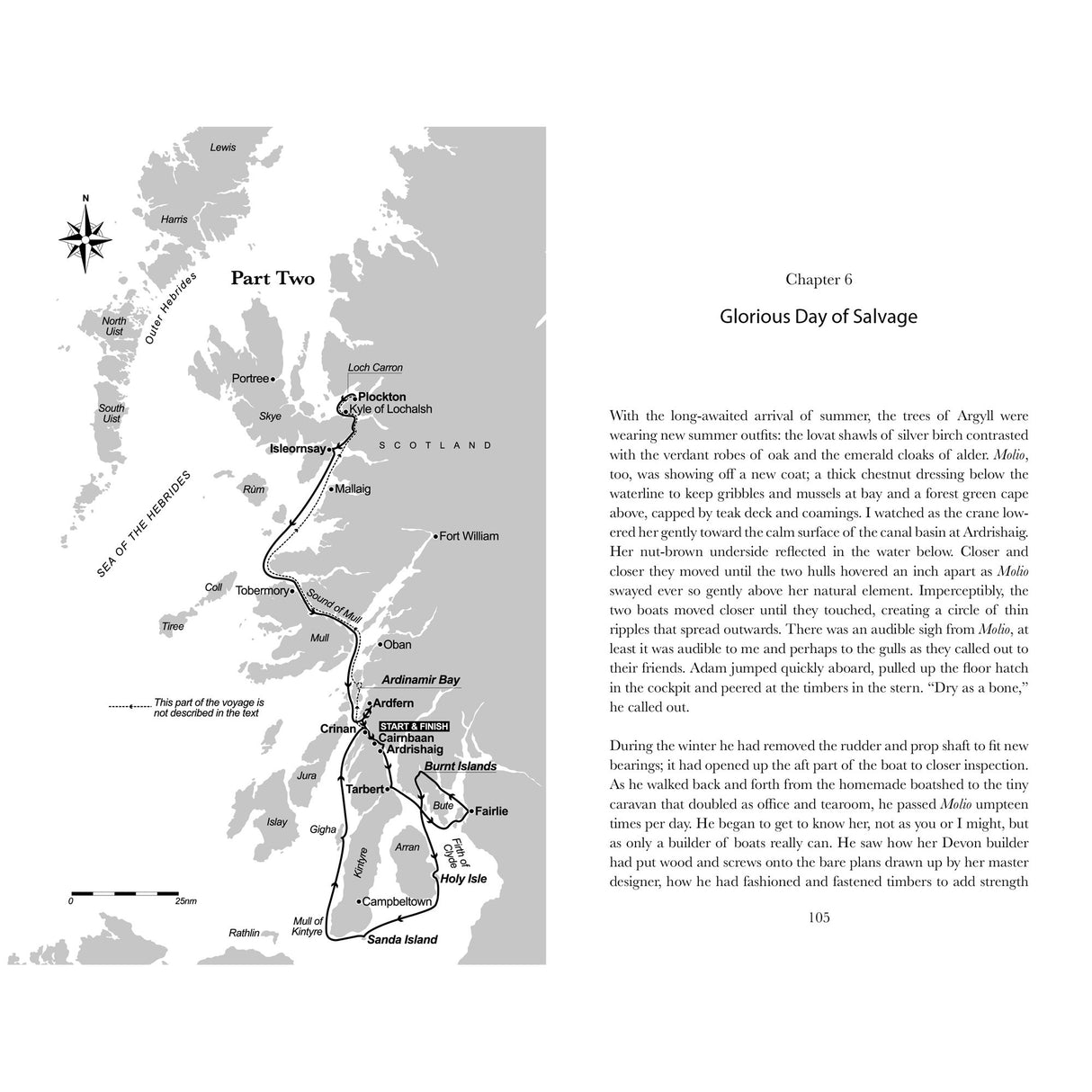 A black-and-white map of Scotland's west coast shows a sailing route from Fairlie to Arisaig, featured beside a "Glorious Day of Salvage" book excerpt in Wild Call by Fernhurst Books, referencing the Western Isles.
