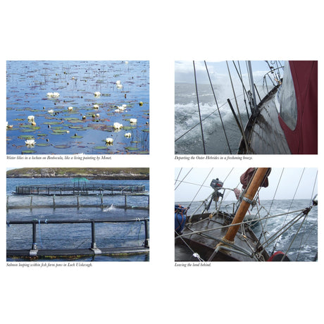A collage of four images from "Wild Call" by Fernhurst Books: water lilies on a calm lake, a boat sailing Scotland’s Western Isles, salmon leaping in a fish farm, and a sailboat leaving St Kilda—each with a descriptive caption.