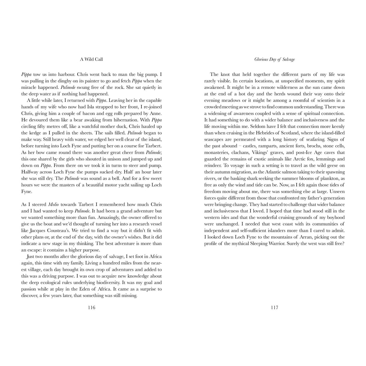 Two open book pages from "Wild Call" by Fernhurst Books display black text on white paper. Pages 116 and 117, titled “A Wild Call” and “Glorious Day of Salvage,” capture the spirit of sailing Scotland’s Western Isles near St Kilda.