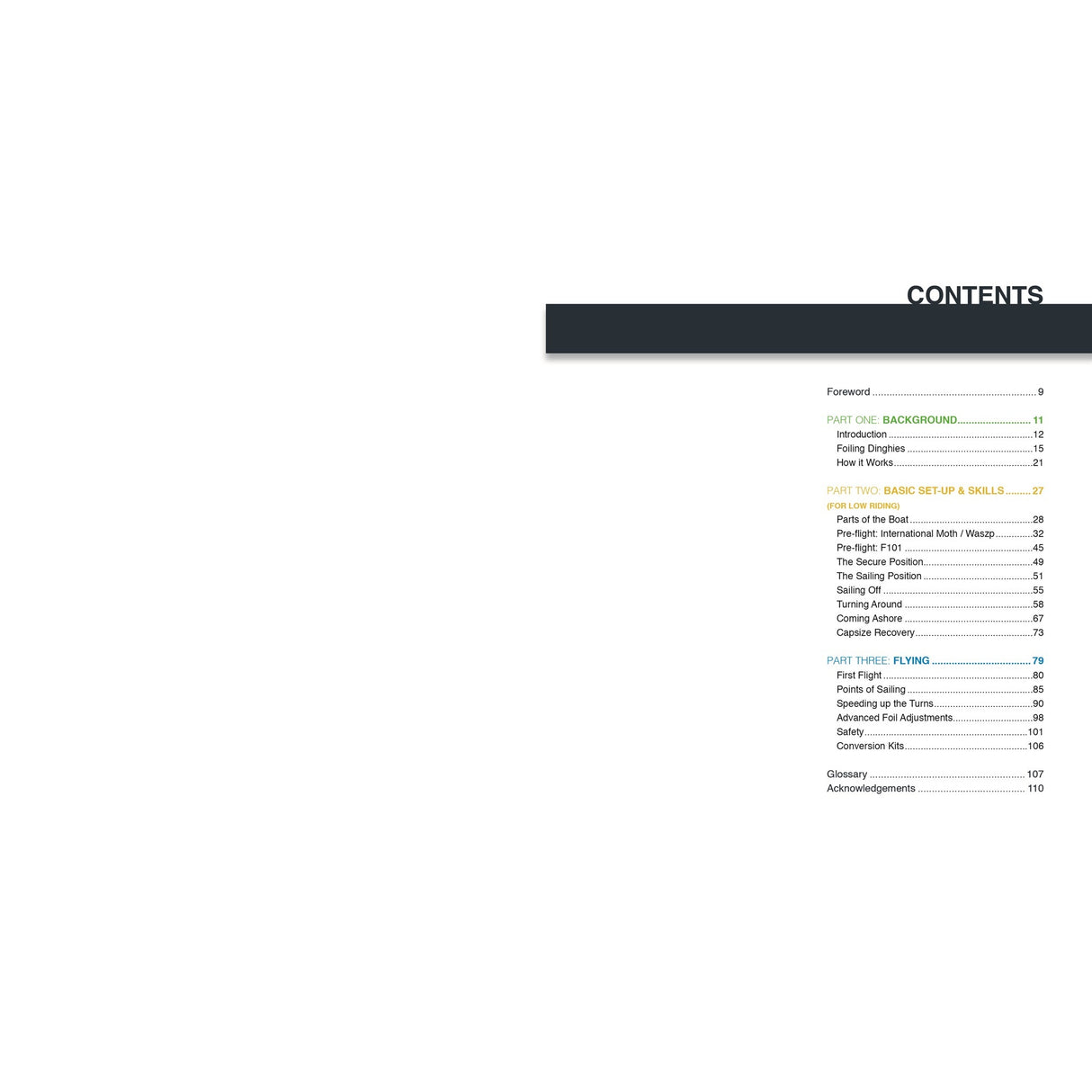 The Foiling Dinghy Book by Fernhurst Books features a table of contents with section titles like "Background," "Basic Set Up & Skills," and "Dinghy Foiling Techniques," each listed with page numbers on a clean, white background.