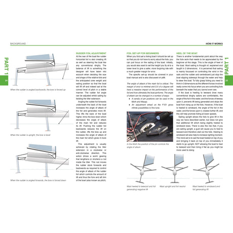 A two-page spread from the Foiling Dinghy Book by Fernhurst Books features labeled diagrams and text explaining foil and rudder adjustments, boat angles, and beginner foiling techniques with clear illustrations.