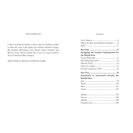 The acknowledgements page of Sailing Around Britain by Fernhurst Books thanks supporters of the weekend sailor, while the table of contents lists chapters on ships, sailing Britain, and cruising sailor destinations with page numbers.