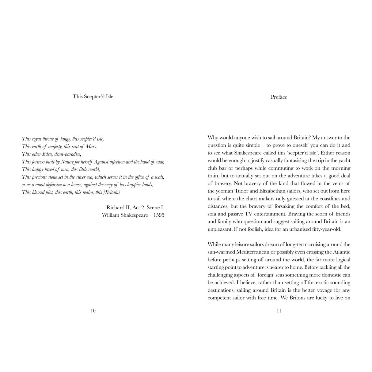 Two pages from Sailing Around Britain by Fernhurst Books: the left has a Shakespeare quote on England from Richard II; the right contains the preface, explaining why both cruising and weekend sailors may wish to sail around Britain.