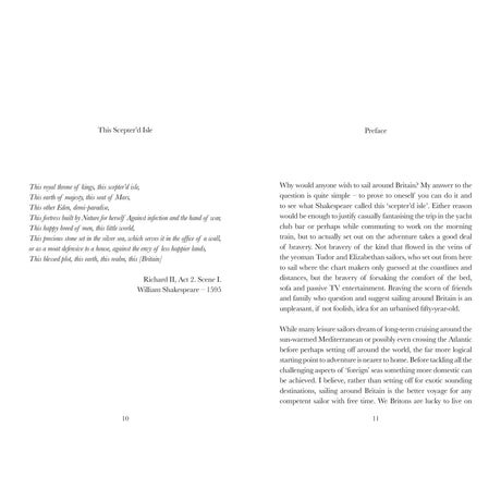 Two pages from Sailing Around Britain by Fernhurst Books: the left has a Shakespeare quote on England from Richard II; the right contains the preface, explaining why both cruising and weekend sailors may wish to sail around Britain.