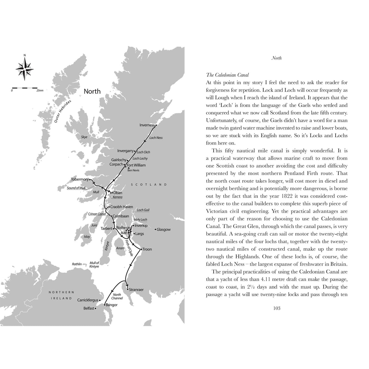 Fernhurst Books' "Sailing Around Britain" features a grayscale map of Scotland with the Caledonian Canal from Inverness to Fort William, labeled cities, water bodies, and a north compass rose—perfect for solo or weekend sailors.