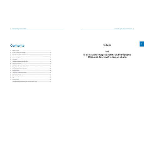 A book spread from "Understanding A Nautical Chart" by Fernhurst Books shows the table of contents on the left and a dedication on the right to Susie and the UK Hydrographic Office for their work in Admiralty Chart symbols.