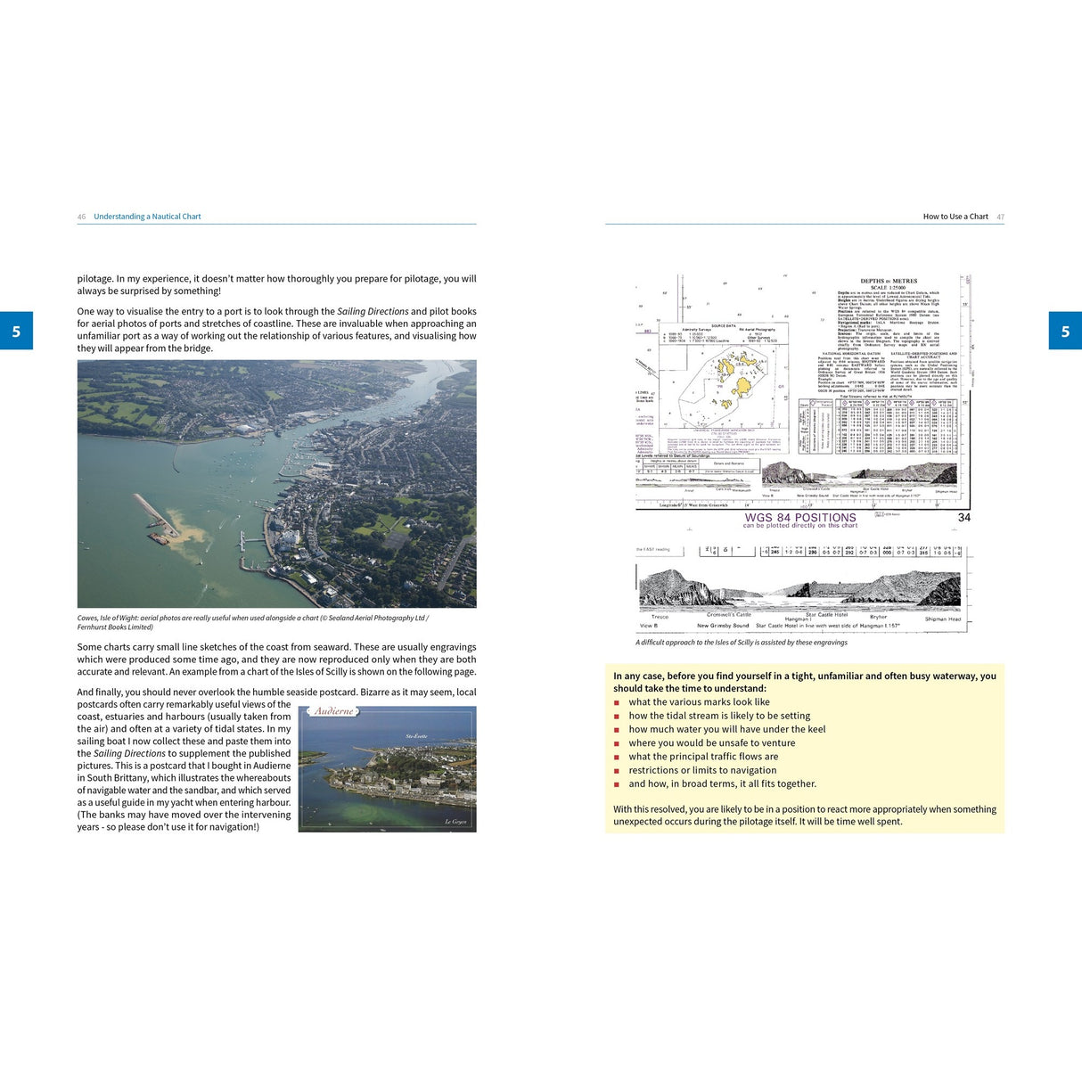 On page 5 of "Understanding A Nautical Chart" by Fernhurst Books, the left shows coastal aerial photos with navigation text; the right features an Admiralty Chart, a table, and tips for using chart symbols safely.