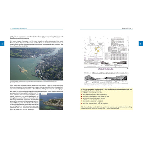 On page 5 of "Understanding A Nautical Chart" by Fernhurst Books, the left shows coastal aerial photos with navigation text; the right features an Admiralty Chart, a table, and tips for using chart symbols safely.