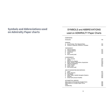 An excerpt from "Understanding A Nautical Chart" by Fernhurst Books shows symbols and abbreviations used on Admiralty Charts on the left page, with a table of contents for chart symbols and abbreviations on the right.