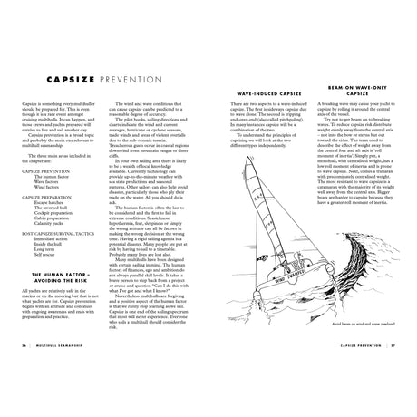 The Multihull Seamanship spread from Fernhurst Books features columns of text and a diagram showing a multihull sailboat heeling with arrows for wind and wave forces—ideal for anyone interested in trimaran sailing or multihull seamanship.