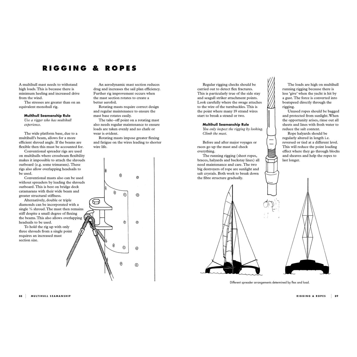 Two pages from "Multihull Seamanship" by Fernhurst Books detail rigging, ropes, and hardware for catamaran mast setup, with diagrams and explanations of mechanical terms and principles for securing a sailboat mast.
