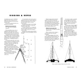 Two pages from "Multihull Seamanship" by Fernhurst Books detail rigging, ropes, and hardware for catamaran mast setup, with diagrams and explanations of mechanical terms and principles for securing a sailboat mast.