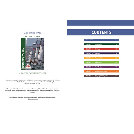 A two-page book spread: Left page features the cover of “Tactics To Win” by Fernhurst Books with sailboats and review quotes. Right page presents a colorful table of contents on sailing strategy and sailboat racing tactics.