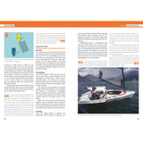 The two-page spread from Fernhurst Books' "Tactics To Win" blends diagrams, text boxes, and a striking photo of a sailor racing on a mountain lake, offering clear sailboat racing tactics in an eye-catching layout.