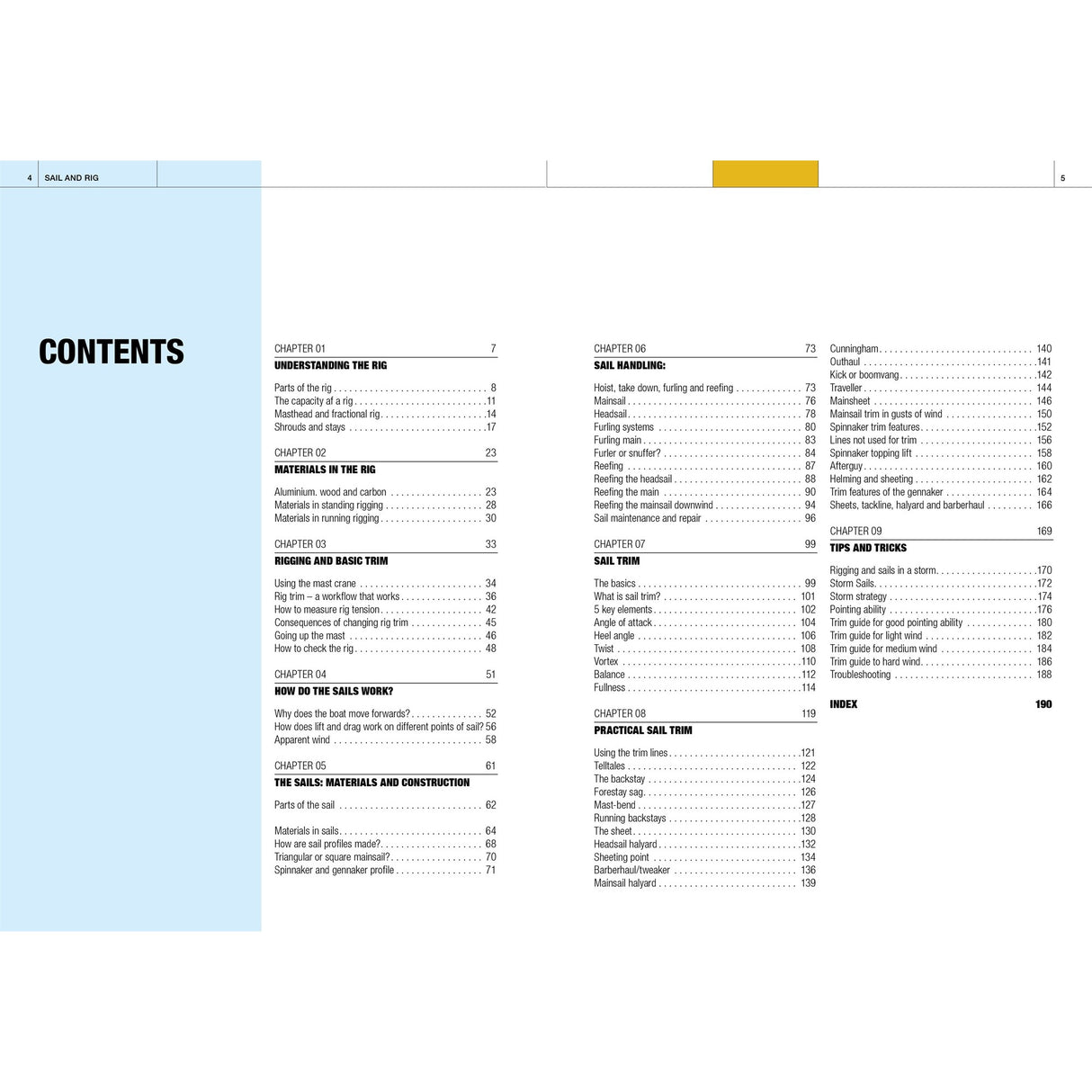 The table of contents page from “Sail and Rig” by Fernhurst Books lists chapters on sail handling, rigging, materials and tools, types of rigs, practical sail trim, tips, tricks, and includes an index with page numbers.