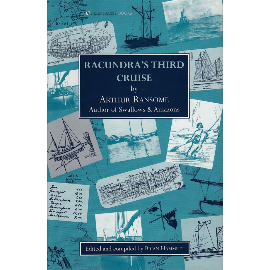 Book cover for "Racundra's Third Cruise" by Fernhurst Books, featuring sketches of boats, maps, and sailing scenes on a blue background with the title and brand name in white boxes.