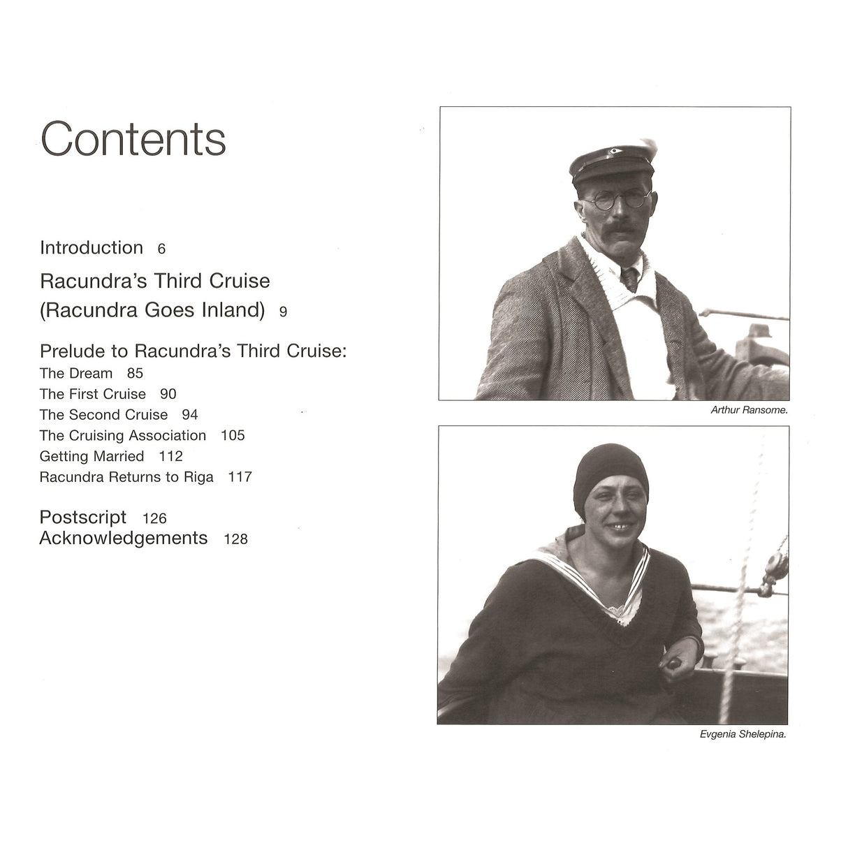 A table of contents featuring two black-and-white boat photos: above, Arthur Ransome in glasses and a hat; below, a smiling woman in sailor attire—both scenes from Racundra's Third Cruise by Fernhurst Books.